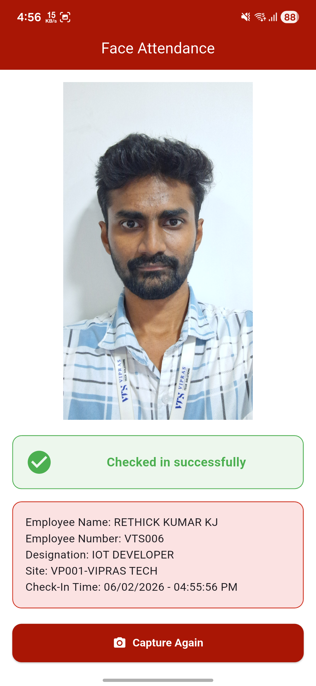 Vipras Plus Face Attendance App Interface